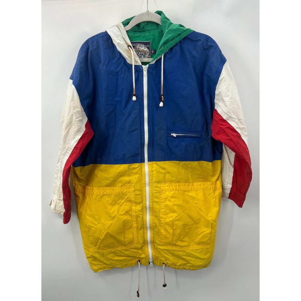 VTG Marine Tech Colorblock Sailing Jacket S Distressed Stained Windbreaker Hood